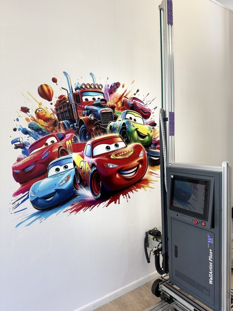 Vibrant, colorful cartoon race cars mural printed directly onto a child's bedroom wall using an eco-friendly vertical printer.